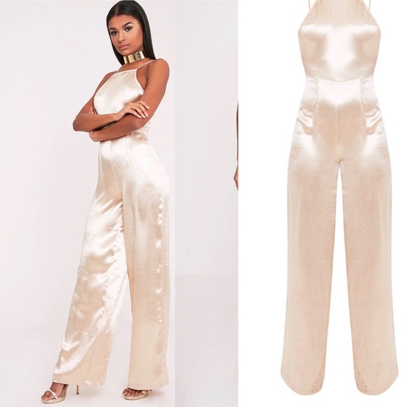 PrettyLittleThing Pants - PrettyLittleThing Daliah Gold Satin Jumpsuit